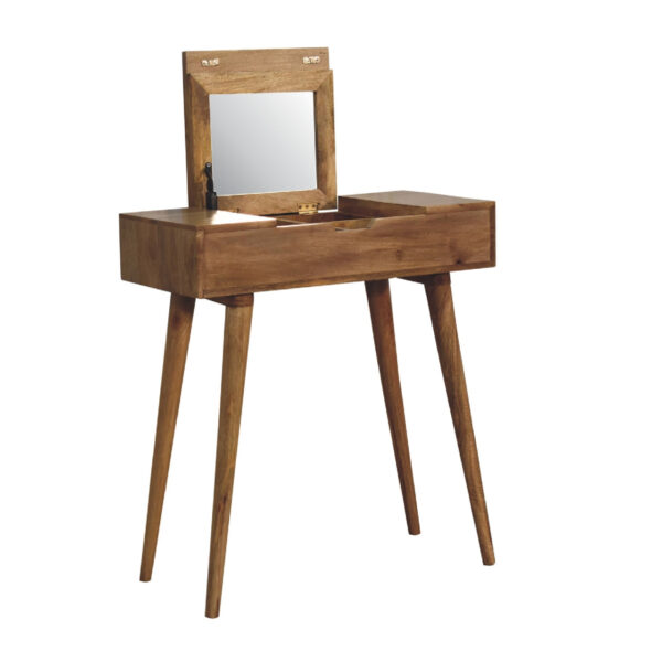 molsana Mini Oak Dressing Table with Foldable Mirror – Compact Vanity Station - Image 5